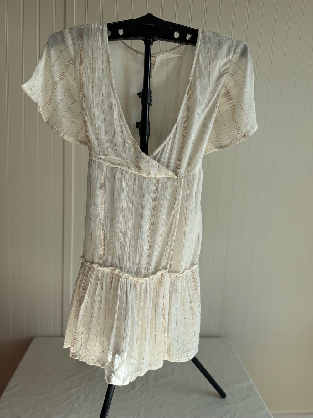 RAGA Golden Rules Cream Metallic Striped Wrap Dress Ruffles Small Whimsy Fairy